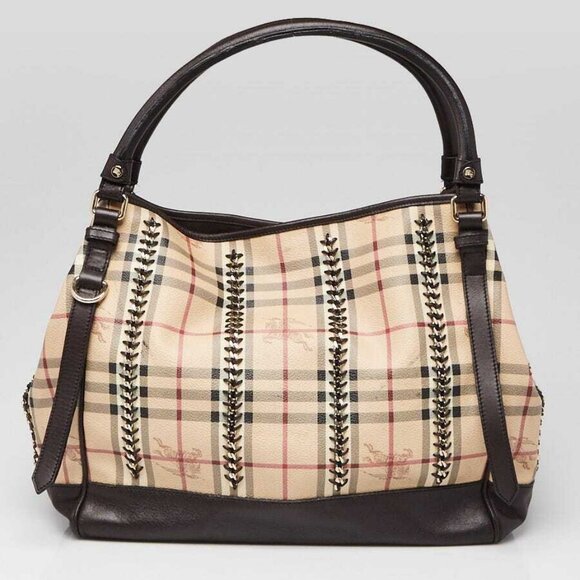 Burberry Brown Leather Haymarket Check Coated Canvas Chain Lawrence Tote Bag - Picture 1 of 11
